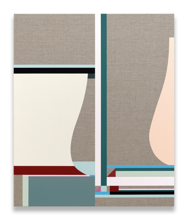 Geometric painting by Clare Goodwin, with curved pale shapes and coloured bands on exposed canvas.